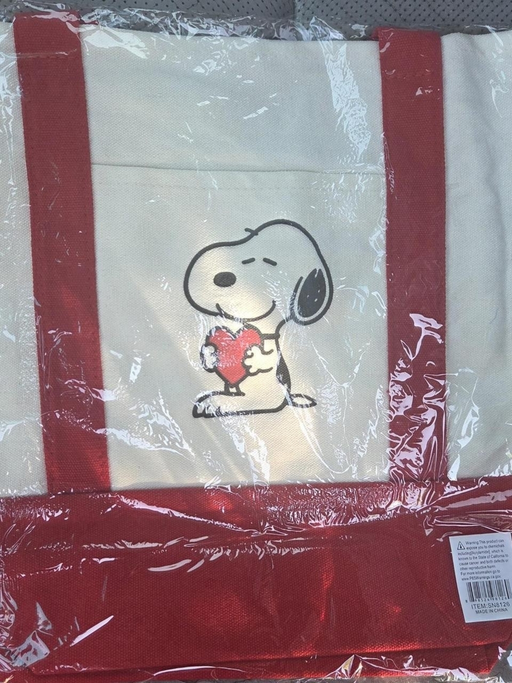 Peanuts Cream & Red Snoopy Heart Canvas Tote